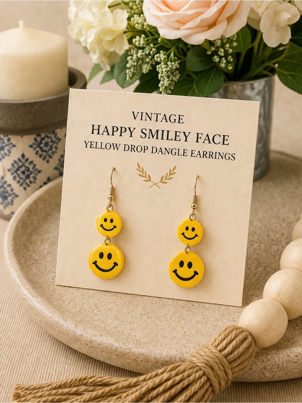 Vintage Happy Smiley Face Yellow  Drop Dangle Earrings